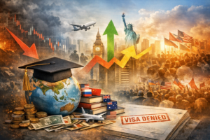 Illustration showing global education under structural pressure, with international study symbols, economic volatility, visa restrictions, and shifting geopolitical forces